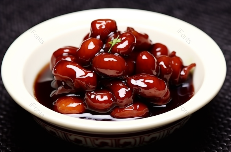 红色板栗红烧肉酱料酱油白色陶瓷碗午餐中国美食黑色背景,高清,摄影图,摄影图片,图片大全,摄影图免费下载